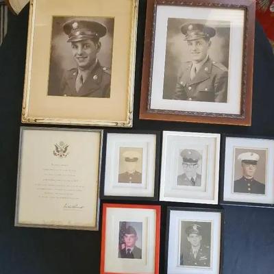 (8) Vintage Military Service Ornate Picture Frames - FDR Signed Service Letter & Dress Blues Photos