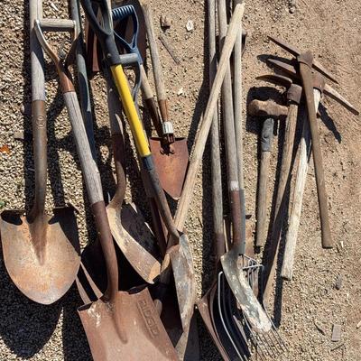 Assorted Yard Tools - Shovels, Pickaxes, Sledgehammer, Pitchfork