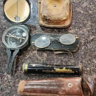 Vintage Keuffel & Esser Brunton Type Pocket Transit Compass, Gun Sight, Eyeglasses, Cases Included