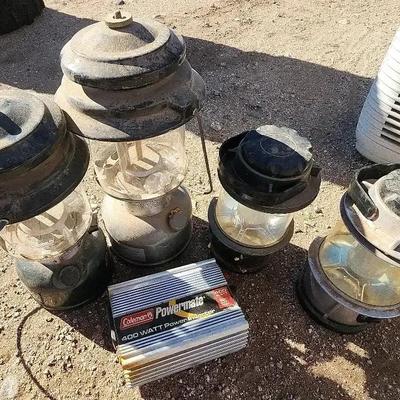 4 Assorted Camping Lanterns - Propane & Battery & Coleman 400 W Power Inverter 