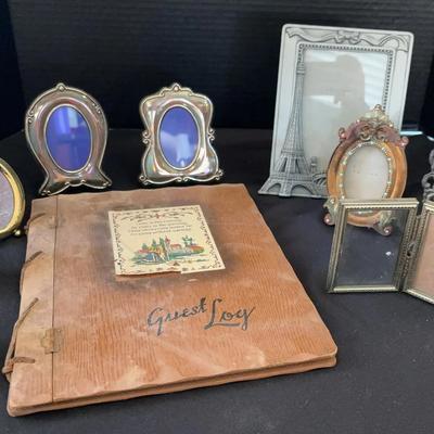 Vintage Guest Log Book with Wood Cover & Assortment of Small Frames
