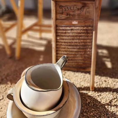 Vintage 3 Enamelware & 2 Washboards - White Pitcher & Bowls & an Antique Iron
