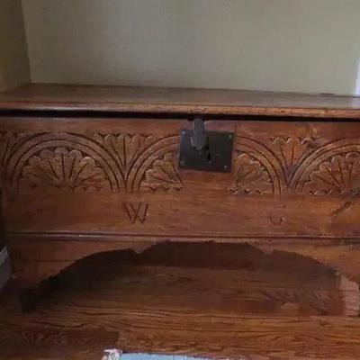 Antique Carved Pilgrim Chest