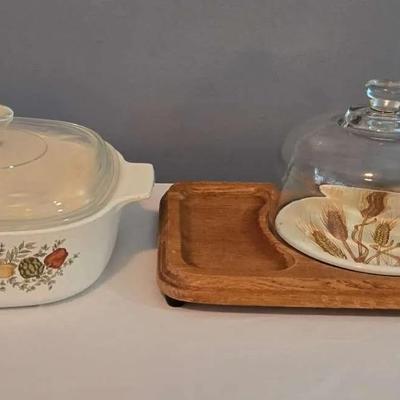 Vintage Teak Goodwood Cheeseboard with Glass Top & Vintage Corning Ware