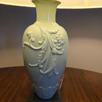 Embossed Ceramic Floral Vase Lamp - Sage Green