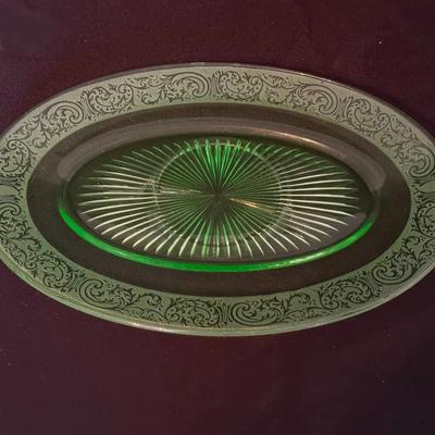 Vintage Green Glass 12” Oval Platter
