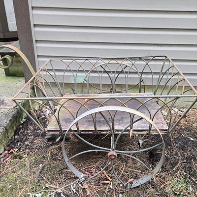 Metal Garden Wagon with Wood Base - Lawn Art