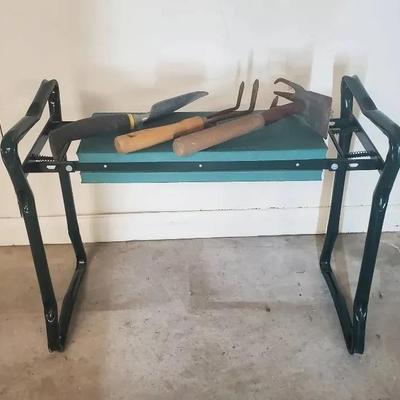 Garden Bench/Kneeler and (3) Garden Tools