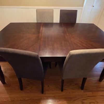 Dark Wood Table and (9) Faux Suede Chairs 