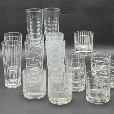 (16) Mid Century Etched Bar Glasses 