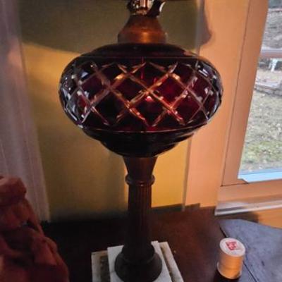 Sale Photo Thumbnail #54: Cranberry glass etched lamp