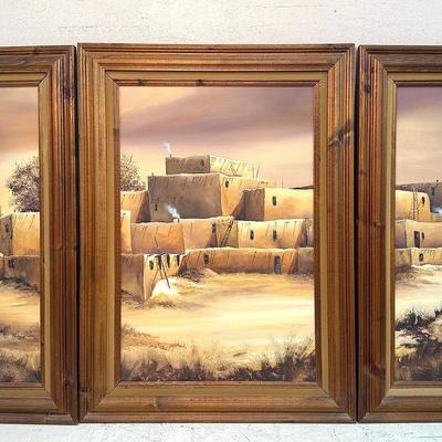 Jan Schneider - Southwestern Adobe Pueblo Village Triptych – Framed Canvas Art (Set of 3) 