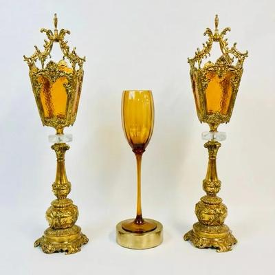 Antique French Gilt Metal Amber glass Lamps & Amber Glass Giant Compote Vase Snifter