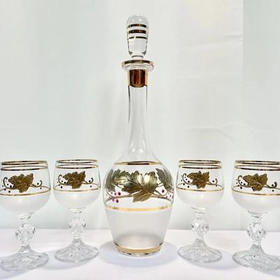 Vintage Bohemian Czech Crystal Wine Decanter & Goblets – Frosted Glass with Gold Leaf & Red Berry En
