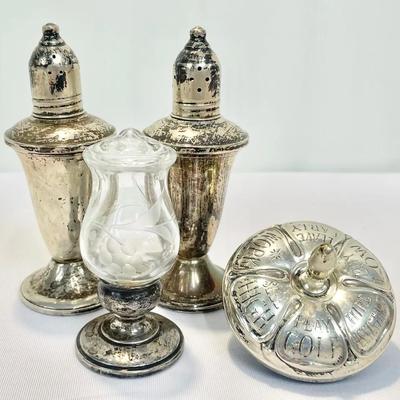 Sterling Silver Six Sided Brokers Dreidel And Three Weighted Sterling Shakers 