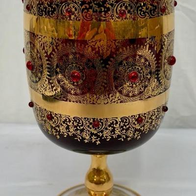Large Venetian Style Amethyst & Gold Trim Glass w/Red Beads 10.25"H