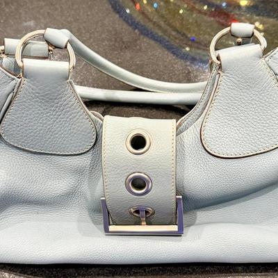 Authenticated Prada Pebbled Leather Shoulder Bag – Light Blue, Silver Hardware
