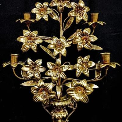 Ornate Gilt Metal Floral Candelabrum with Multiple Candle Cups