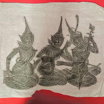 Vintage Thai Temple Rubbing on Handmade Paper – Triple Deity Figural Scene