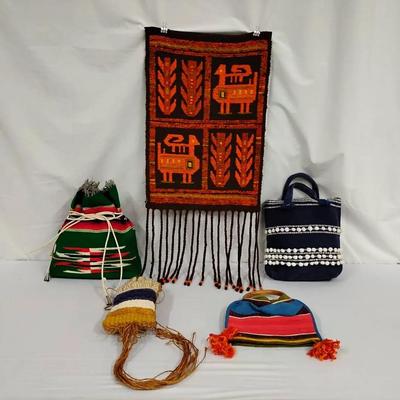 Vintage Zakopane Polish Folk Art Textile Lot - Kilim Tapestry & Handwoven Bags