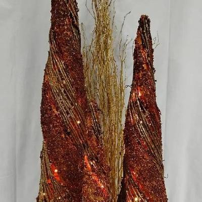 Set of 3 Lighted Bronze & Gold Glitter Rattan Cone Christmas Trees Holiday Decor