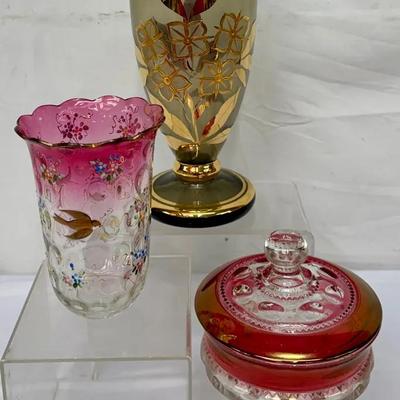 Vintage Art Glass – Hand-Painted Cranberry Vase, Gilded Floral Vase & Ruby Red Flash Candy Dish