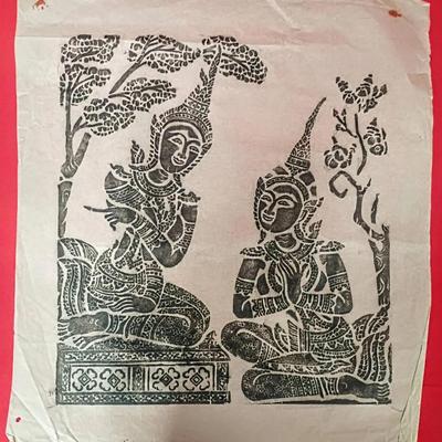 Vintage Thai Temple Rubbing on Rice Paper – Paired Celestial Figures