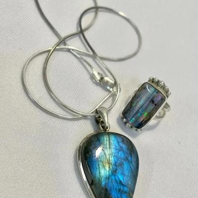 Sterling Labradorite Necklace With Sterling Opal Ring Size 2.5