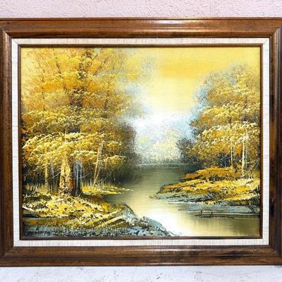 Vintage Framed Landscape Oil Painting on Canvas – Signed, Wood Frame