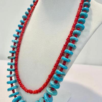 UPDATED Vibrant Navajo Red Coral Necklaces, One With Chunky Turquoise