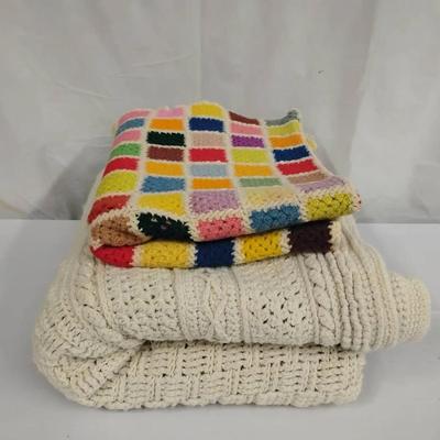 Vintage Hand-Crochet Blanket Lot - Cream Aran & Multi-Color Granny Square