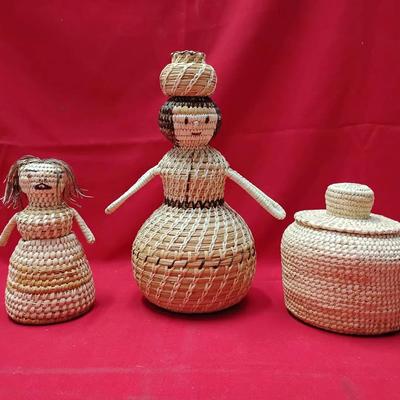 Vintage Papago (Tohono O'odham) Basketry Doll & Lidded Jar Lot - 3pc