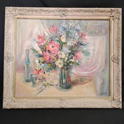 Vintage Floral Still Life Oil Painting – Signed “Ayers” – Ornate Antique Frame