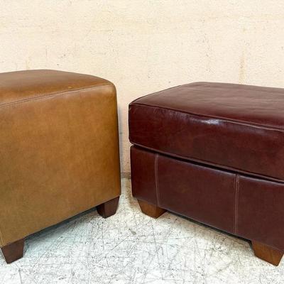 Pair of Cube Ottomans / Footstools – Brown & Cognac