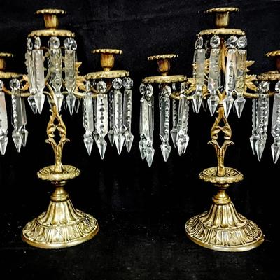 Pair of Ornate Brass Metal Candelabra with Hanging Crystal Prisms
