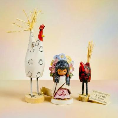 Navajo Folk Art Chicken Figurines & Goebel DeGrazia "Flower Girl" 