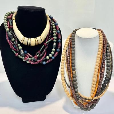 3 African Beaded Necklaces: Wood, Horn & Layered Styles