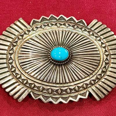 Vintage Sterling Silver Turquoise Accent Belt Buckle – Hand-Stamped Southwestern Design (3” x 2”)