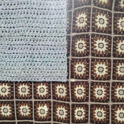 Lot of 2 Vintage Handmade Crochet Blankets - Blue & Earth Tones