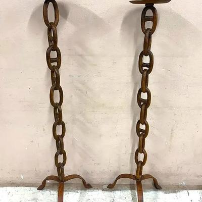 Large Pair of Industrial Chain-Link Floor Candle Holders 