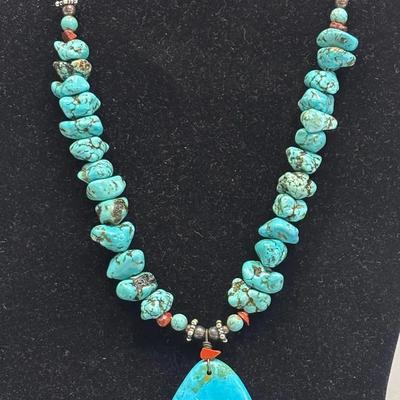 Native American Style Turquoise and Coral Nugget Necklace