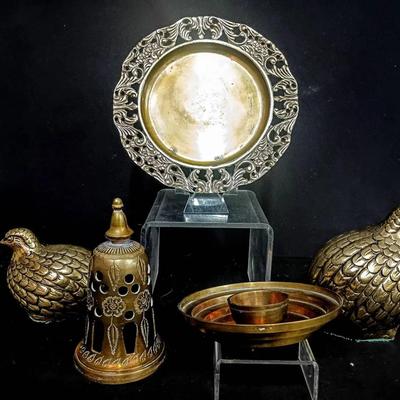 Decorative Brass & Mixed Metal Accent Lot – Quail Figurines, Candle Lantern, Bowls, and Ornate Plate