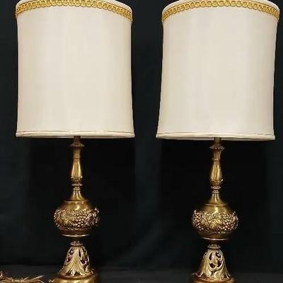 Two Vintage Brass Lamps & Japanese Candle Holder