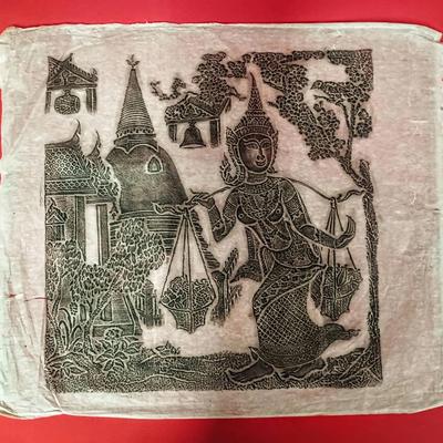 Vintage Thai Temple Rubbing on Rice Paper – Female Celestial Figure