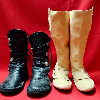 Lot of 2 Pairs Unisex Renaissance Fair Moccasin Boots - Black & Tan Leather