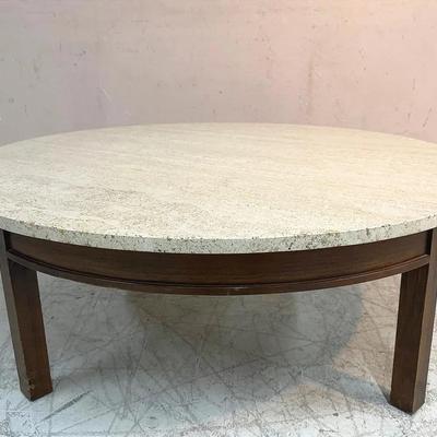 Round Travertine Stone Top Coffee Table with Solid Wood Base (Made In Italy)