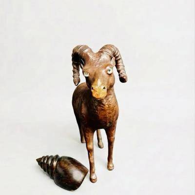 Leather Ram Sculpture & Hand Carved Conch Shell
