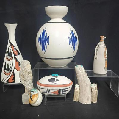 Southwestern Native American Pottery Box and Carved Stone Figure Lot