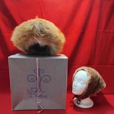 Vintage The Broadway Red Fox Fur Hood Hat with Original Box