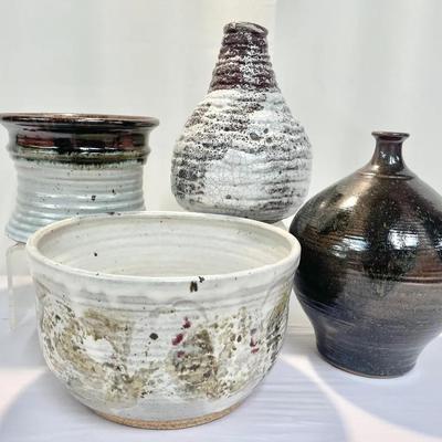 (4) Ceramic Pottery Vessels W/ Hand Glaze And Raku Fired Vase